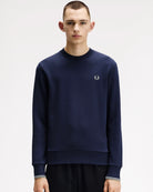 Fred Perry Crew Neck Sweatshirt Dark Airforce / Light Ice / Bay Leaf Sweatshirts M7535-Z47 On Model Front View | Overkill
