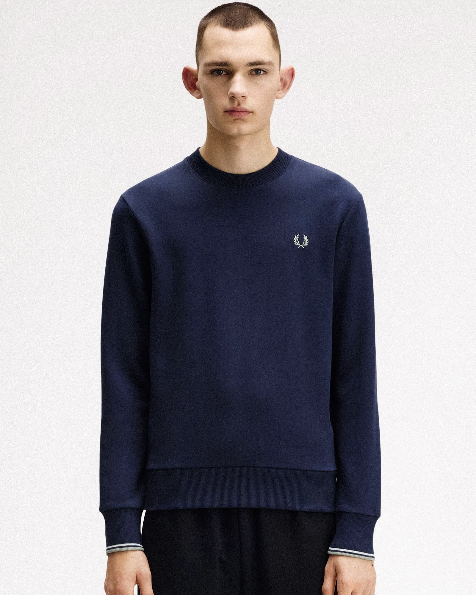 Fred Perry Crew Neck Sweatshirt Dark Airforce / Light Ice / Bay Leaf Sweatshirts M7535-Z47 On Model Front View | Overkill
