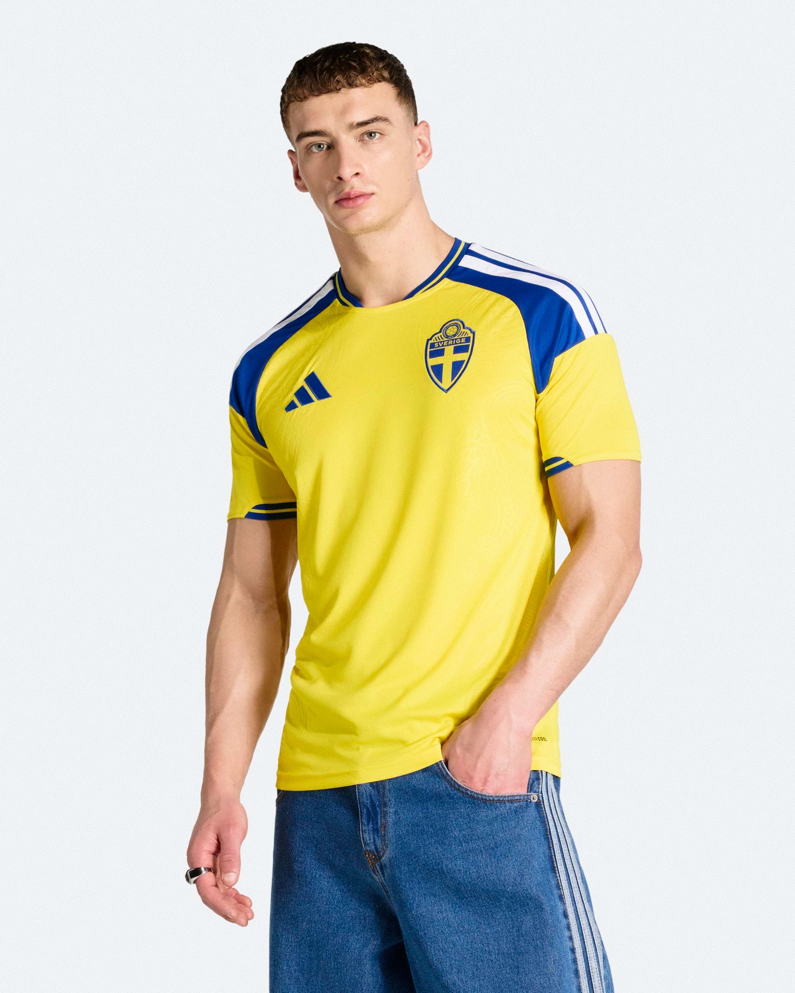 adidas SVFF Sweden Home Jersey Yellow T-Shirts JM5814 On Model Front View | Overkill
