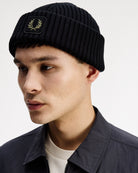 Fred Perry Cotton Ribbed Beanie Black Beanies C1138-102 On Model Front View | Overkill
