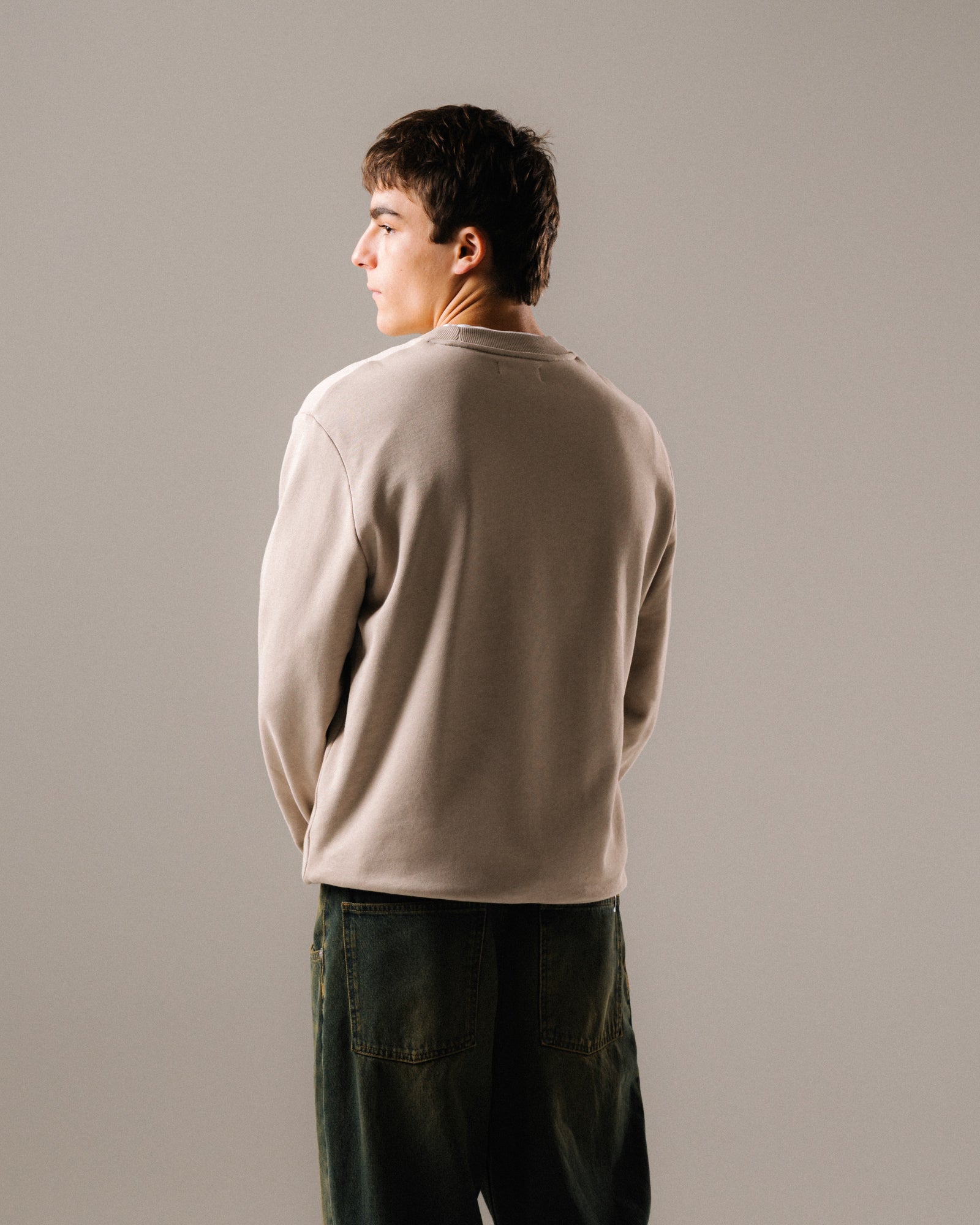 Fred Perry Crew Neck Sweatshirt Warm Oat / Cortege Green / Black To Black Sweatshirts M7535-50A On Model Back View | Overkill
