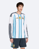 adidas AFA Argentina Authentic LS Home Jersey White / Icey Blue / Light Blue Longsleeves KA8068 On Model Front View | Overkill
