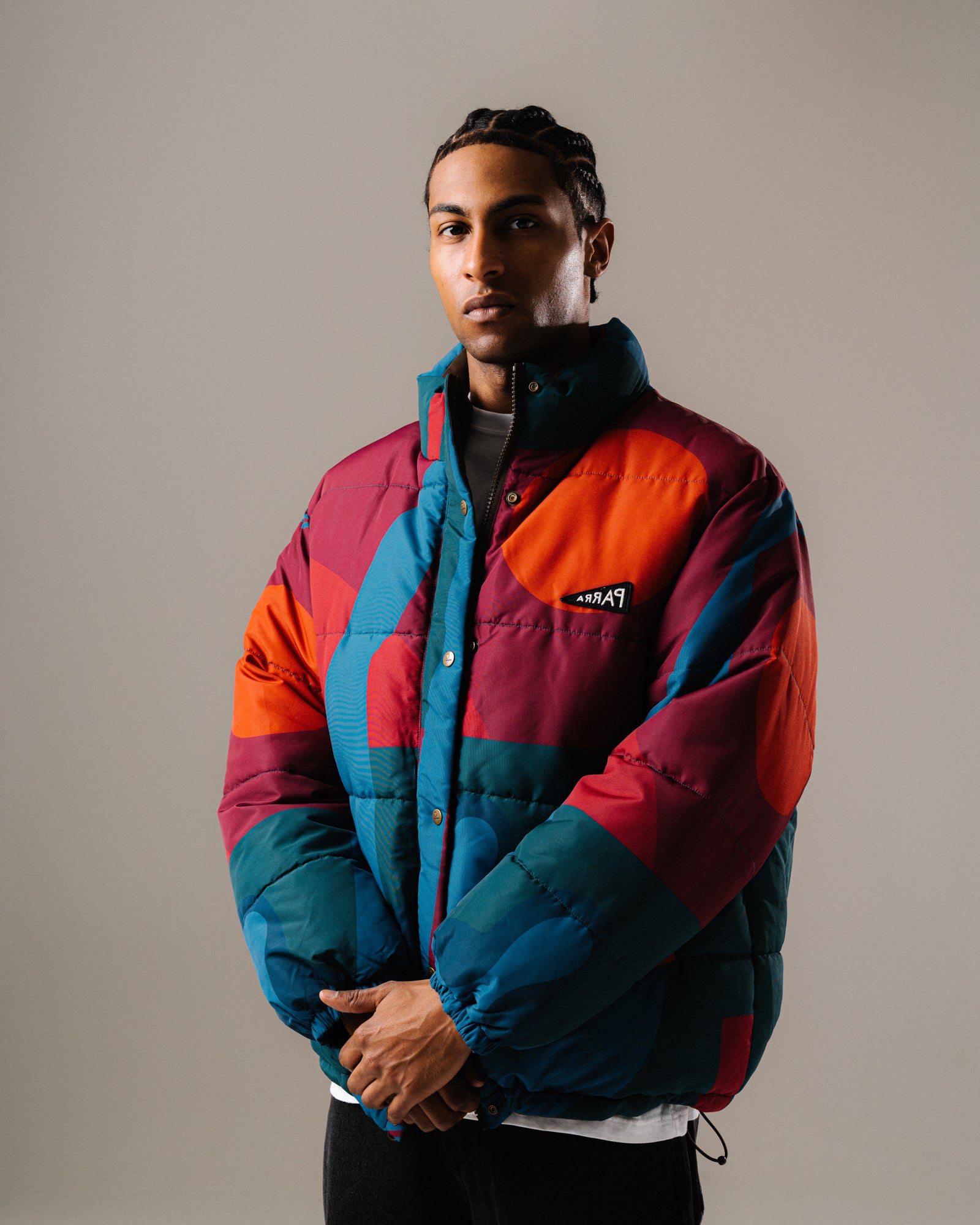 Parra Protect The Sun Reversible Puffer Jacket Brown Puffer Jackets 54435 On Model Front View | Overkill

