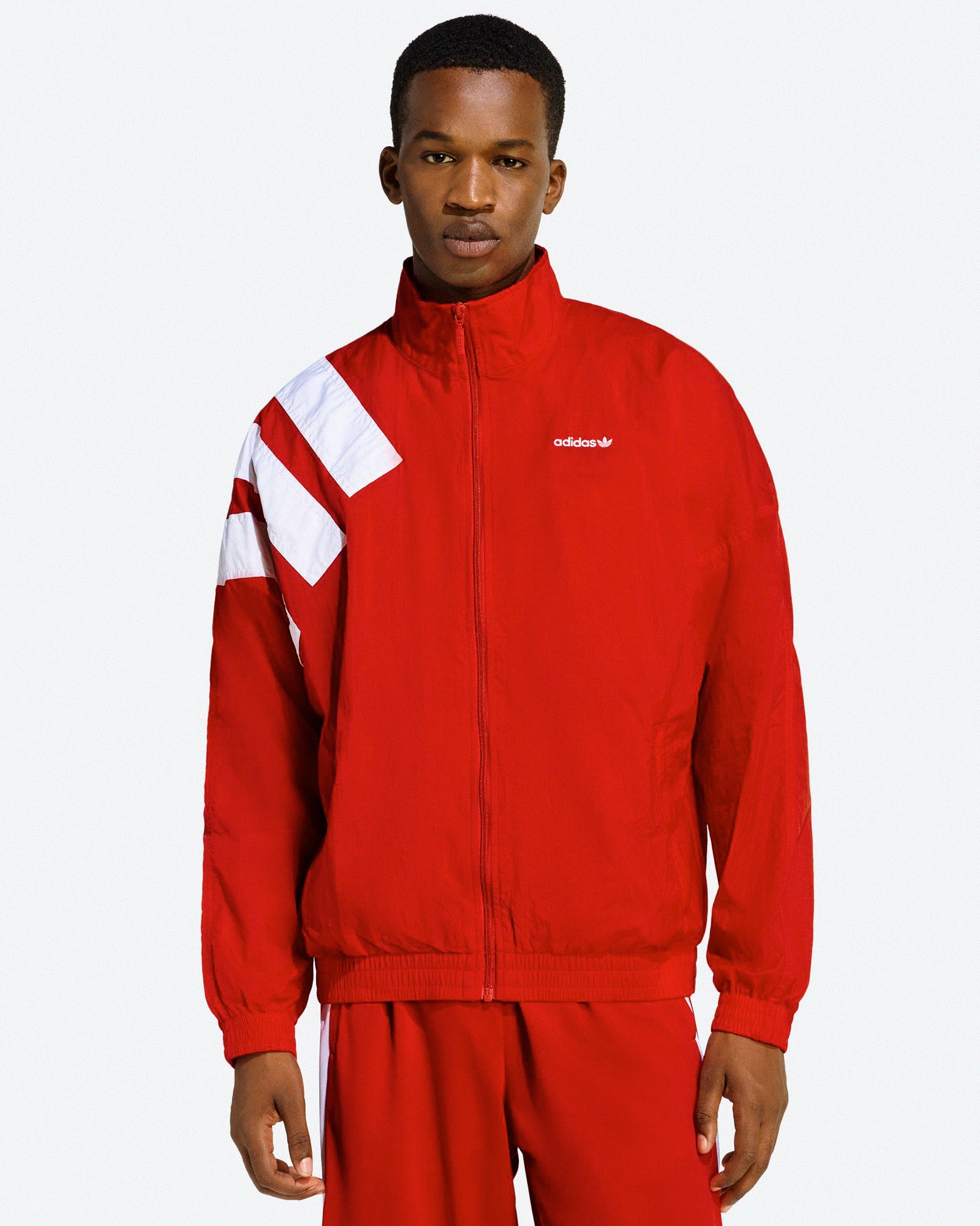 adidas Arch Track Top Better Scarlet / White Track Jackets KD4063 On Model Front View | Overkill
