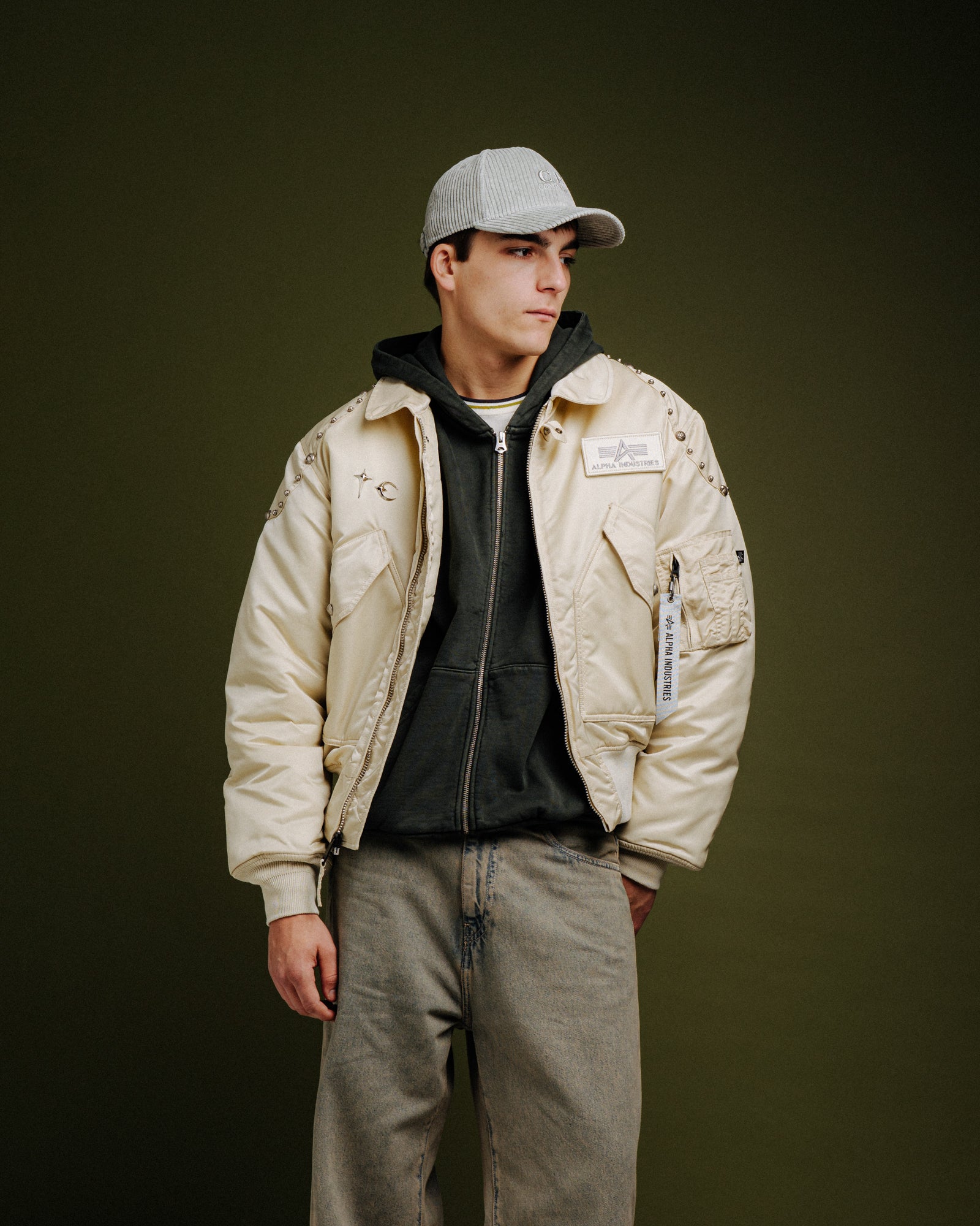 Alpha Industries CWU-45P Rivet Edition Vintage White Bomber & Varsity Jackets 258150-300 On Model Front View | Overkill
