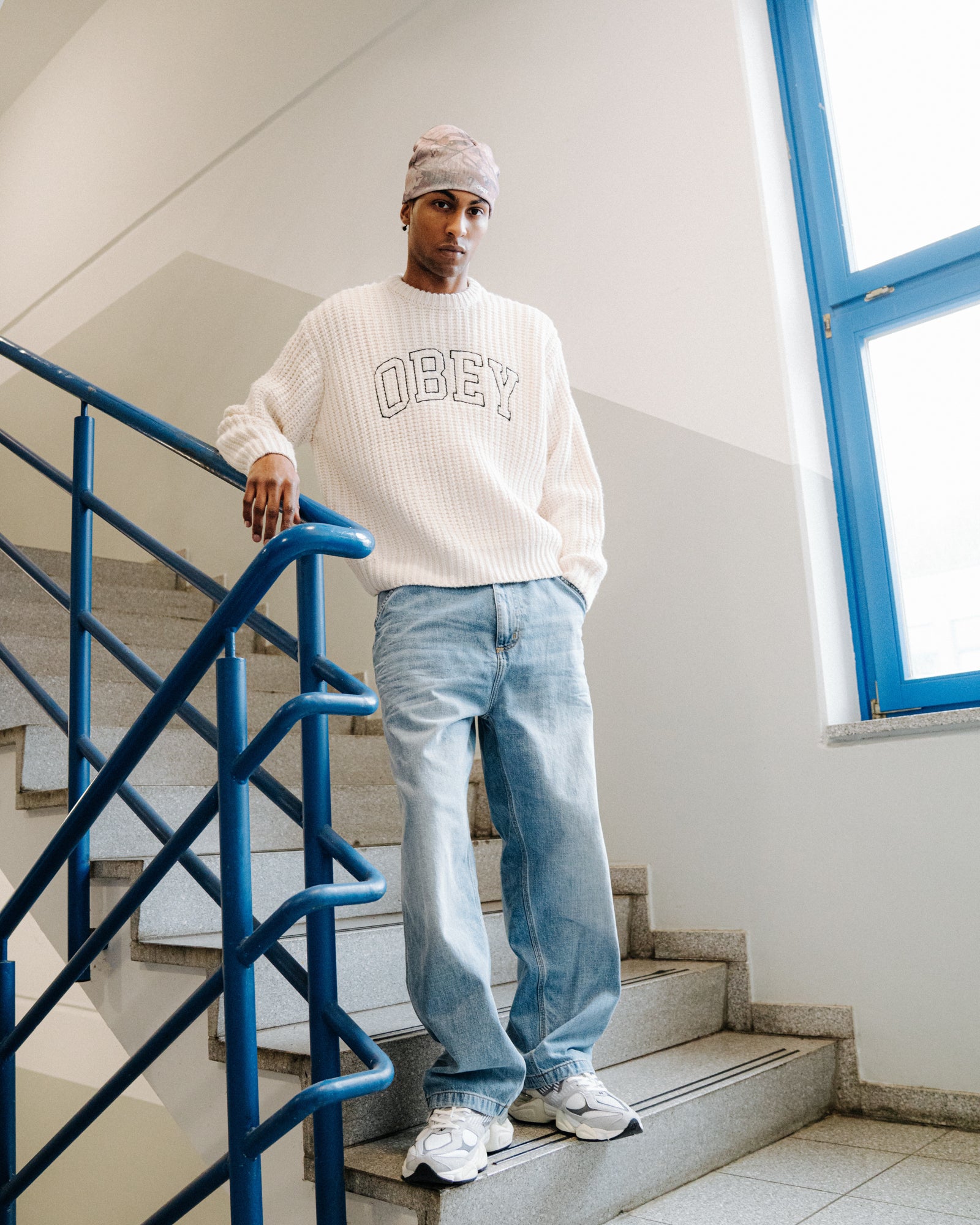 Obey Collegiate Sweater Whisper White Mult Sweatshirts 151000110 On Model Front View | Overkill
