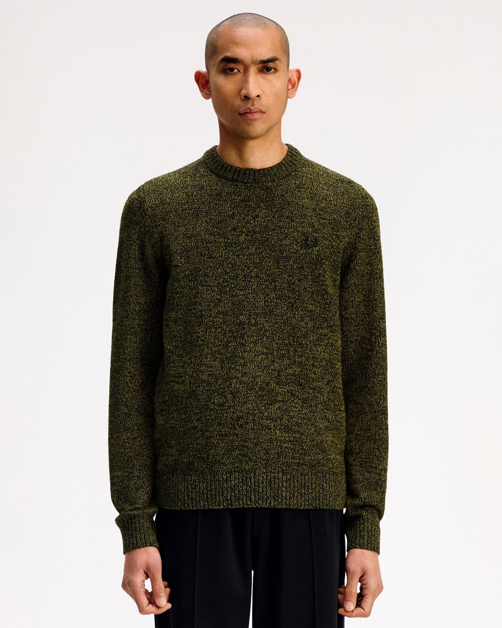 Fred Perry Twisted Marl Jumper Anchor Grey / Tennis Ball Yellow / Black Sweatshirts K1549-43A On Model Front View | Overkill
