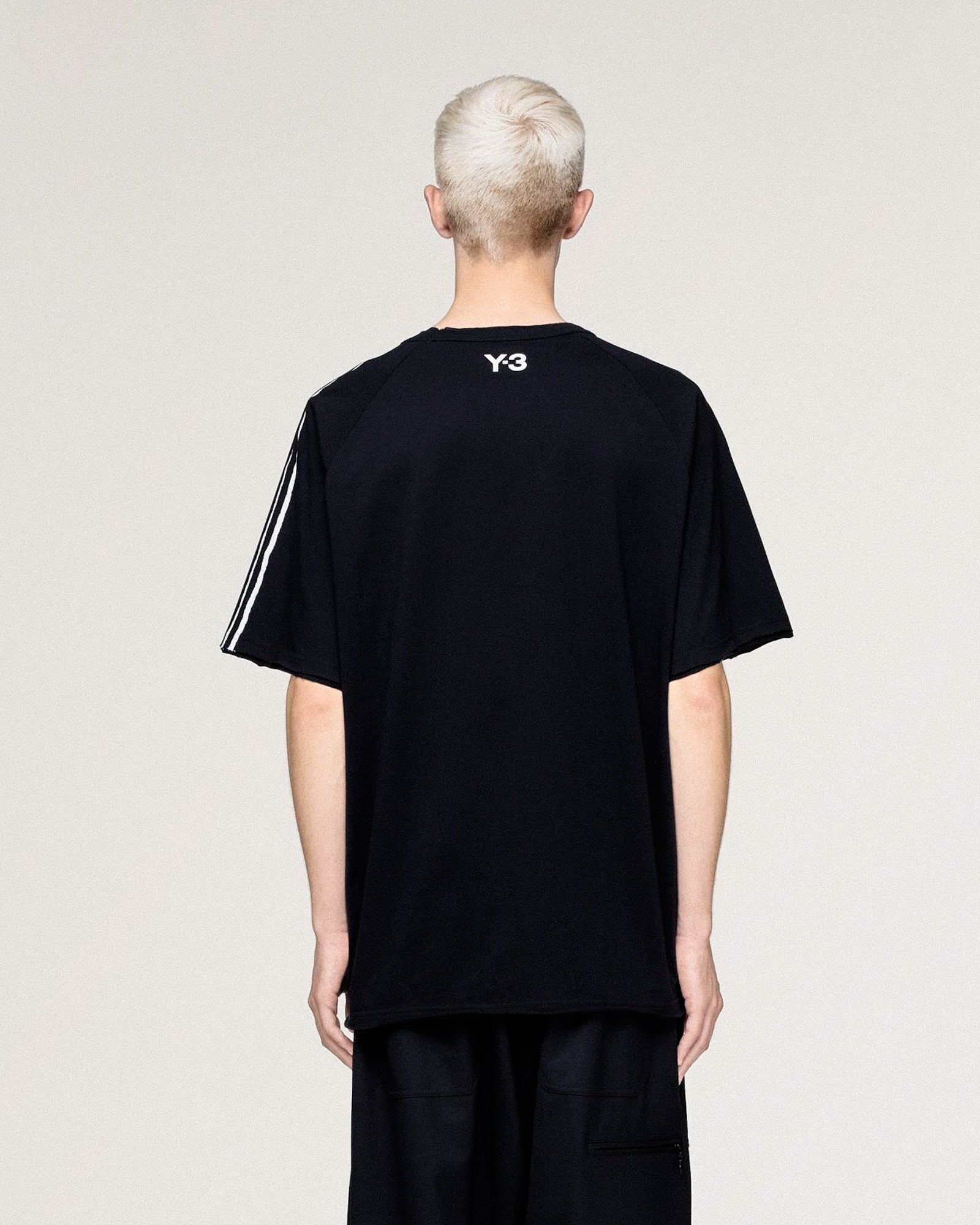 Y-3 Raw Edge 3 Stripes SS Tee Black T-Shirts KQ9793 On Model Back View | Overkill

