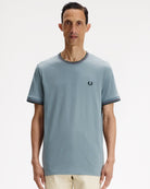 Fred Perry Twin Tipped T-Shirt Stockport Blue / Oxblood / Grassroots T-Shirts M1588V-98A On Model Front View | Overkill
