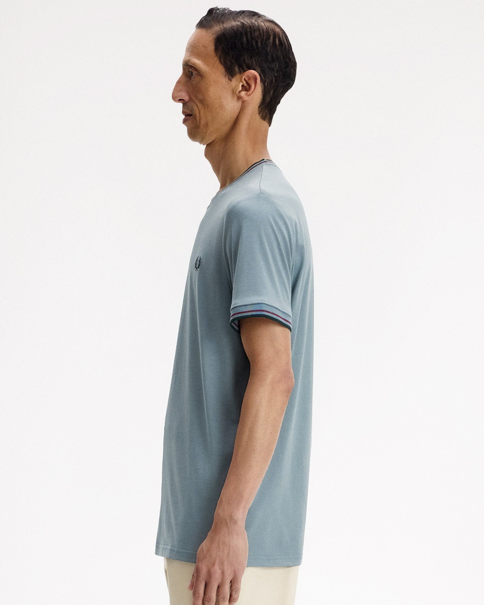 Fred Perry Twin Tipped T-Shirt Stockport Blue / Oxblood / Grassroots T-Shirts M1588V-98A On Model Back View | Overkill

