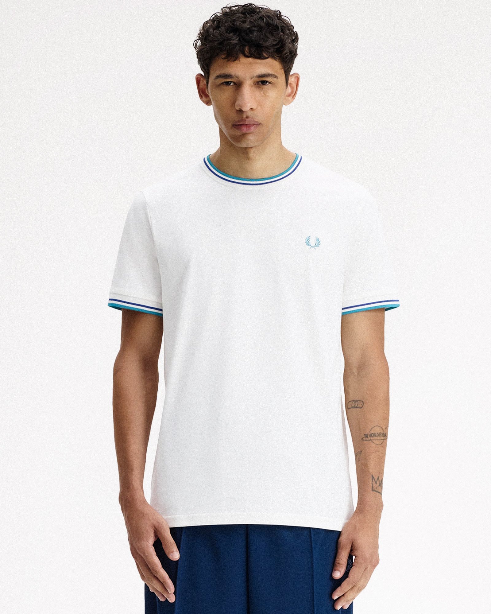 Fred Perry Twin Tipped T-Shirt Snow White / Deep Mint / Soho Eclipse T-Shirts M1588V-94A On Model Front View | Overkill
