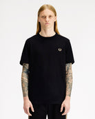 Fred Perry Contrast Tape Ringer T-Shirt Black / Champagne T-Shirts M4613-90A On Model Front View | Overkill
