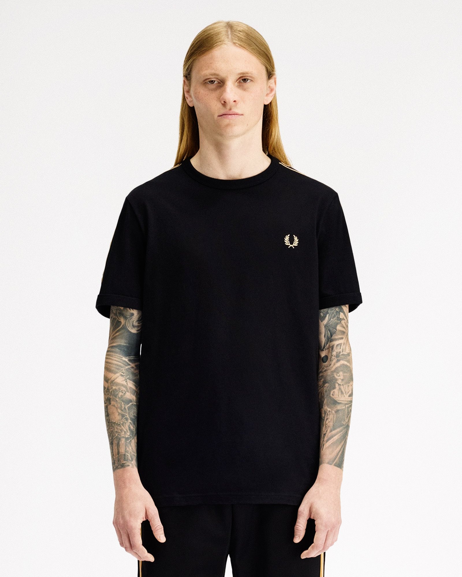 Fred Perry Contrast Tape Ringer T-Shirt Black / Champagne T-Shirts M4613-90A On Model Front View | Overkill
