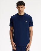 Fred Perry Contrast Tape Ringer T-Shirt Tennis Blue / Champagne T-Shirts M4613-91A On Model Front View | Overkill
