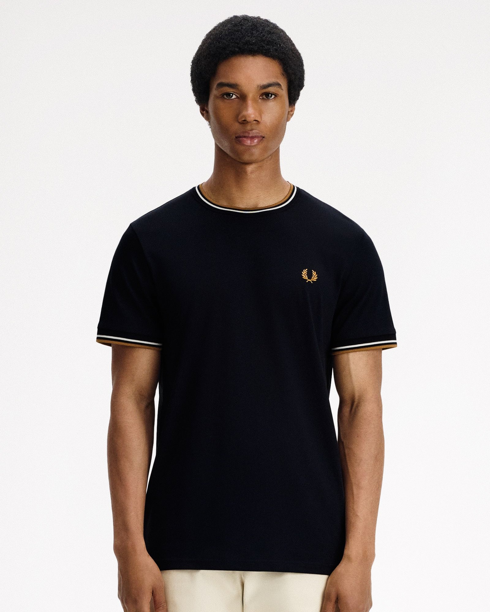 Fred Perry Twin Tipped T-Shirt Black T-Shirts M1588V-P69 On Model Front View | Overkill
