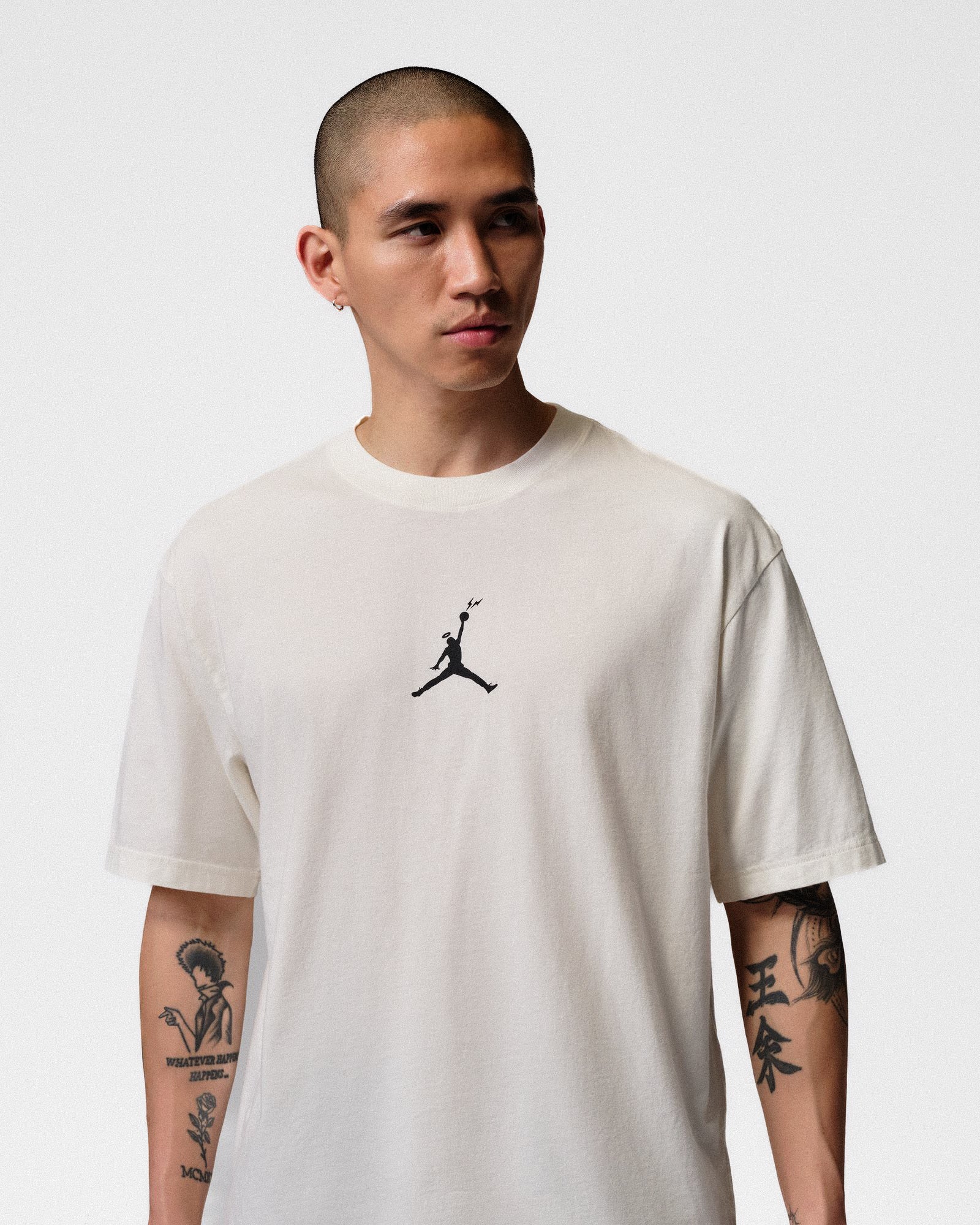 Fragment x Union x Jordan Tee Pale Ivory / Ivory - Black T-Shirts IM6556 110 On Model Front View | Overkill
