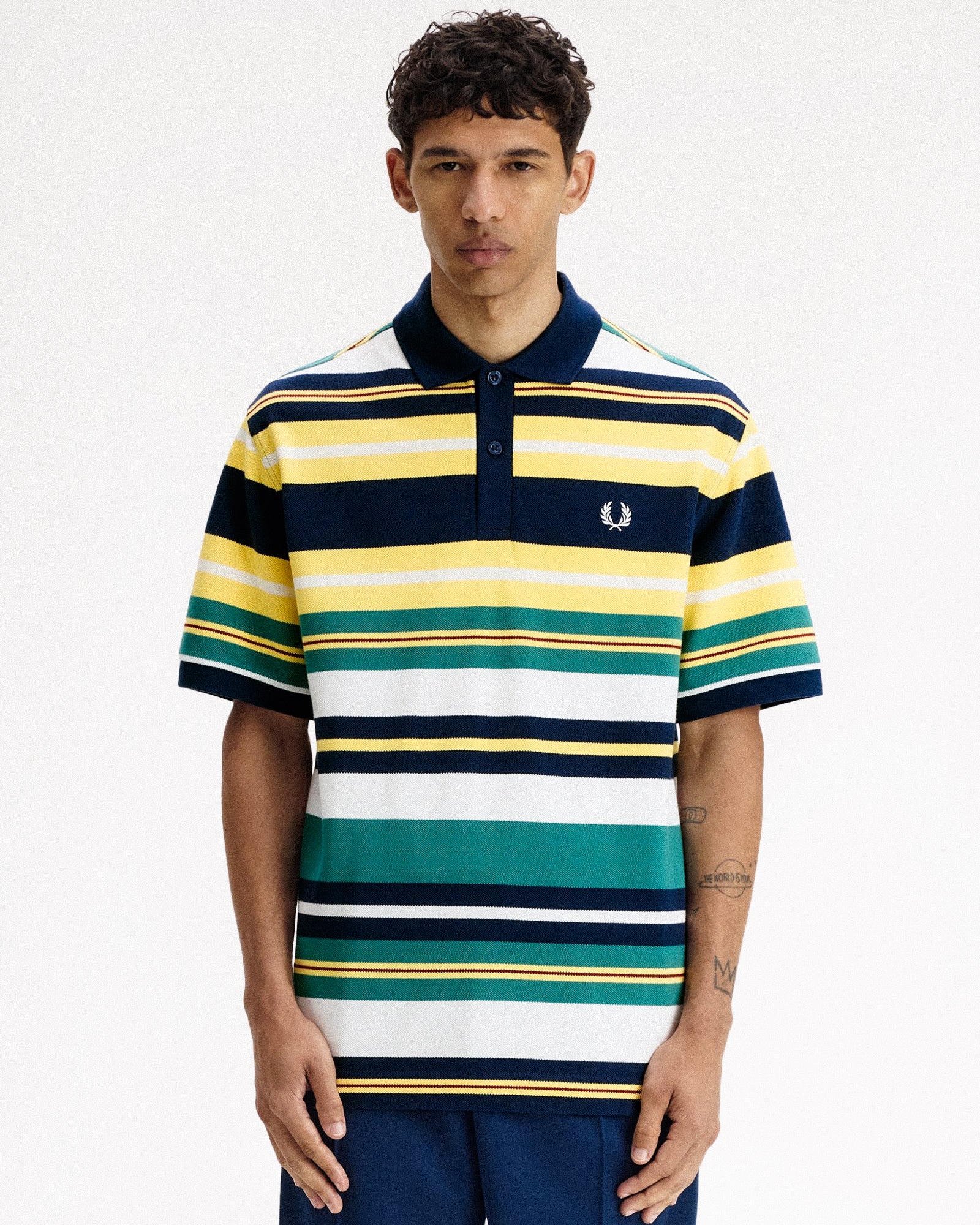 Fred Perry Striped Relaxed Polo Shirt Lemon Barley Polo Shirts M2423-26A On Model Front View | Overkill
