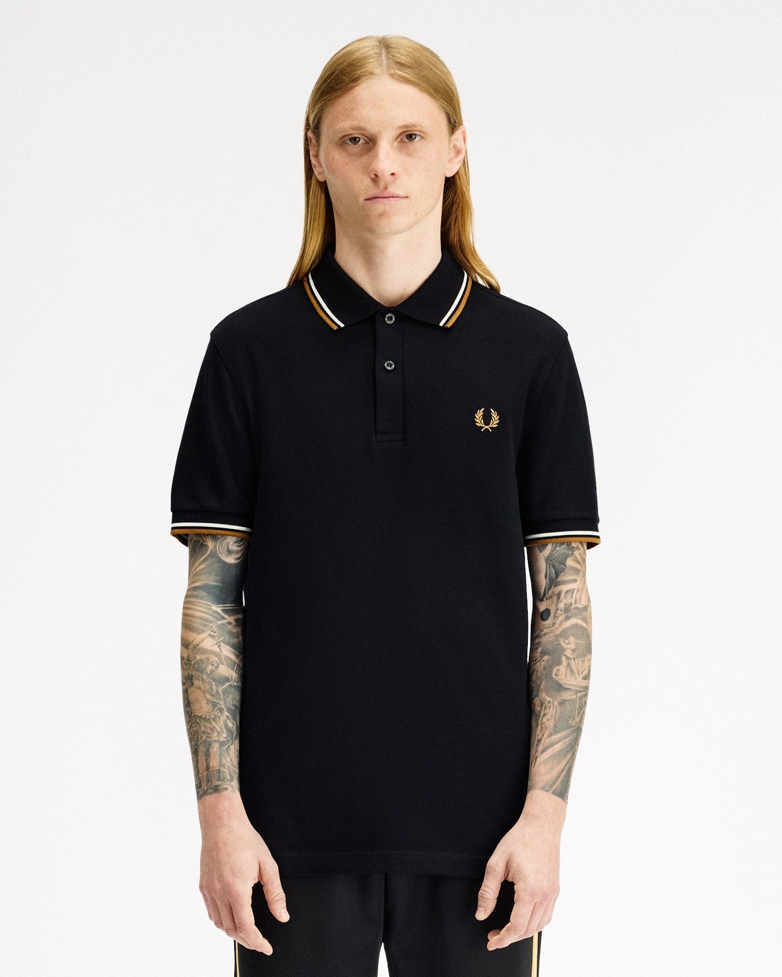 Fred Perry Twin Tipped Fred Perry Shirt Black Polo Shirts M3600-P69 On Model Front View | Overkill
