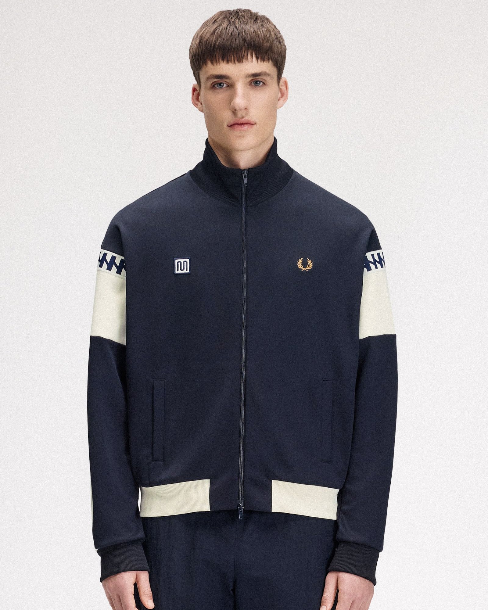 Fred Perry Meyba Cut And Sew Track Jacket Navy Track Jackets SJ2165-608 On Model Front View | Overkill
