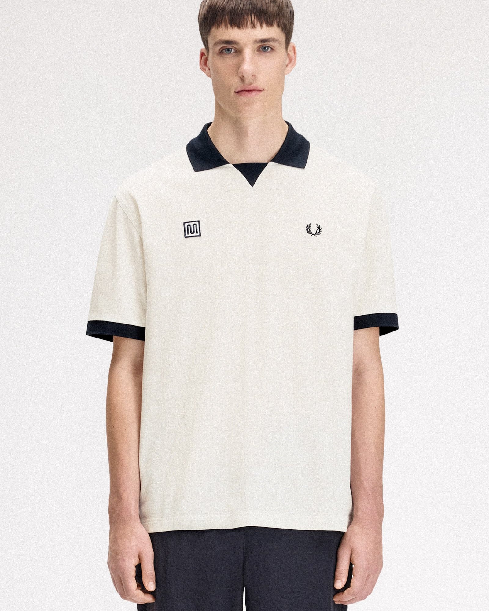Fred Perry Meyba Printed Polo Shirt Ecru Polo Shirts SM2161-560 On Model Front View | Overkill

