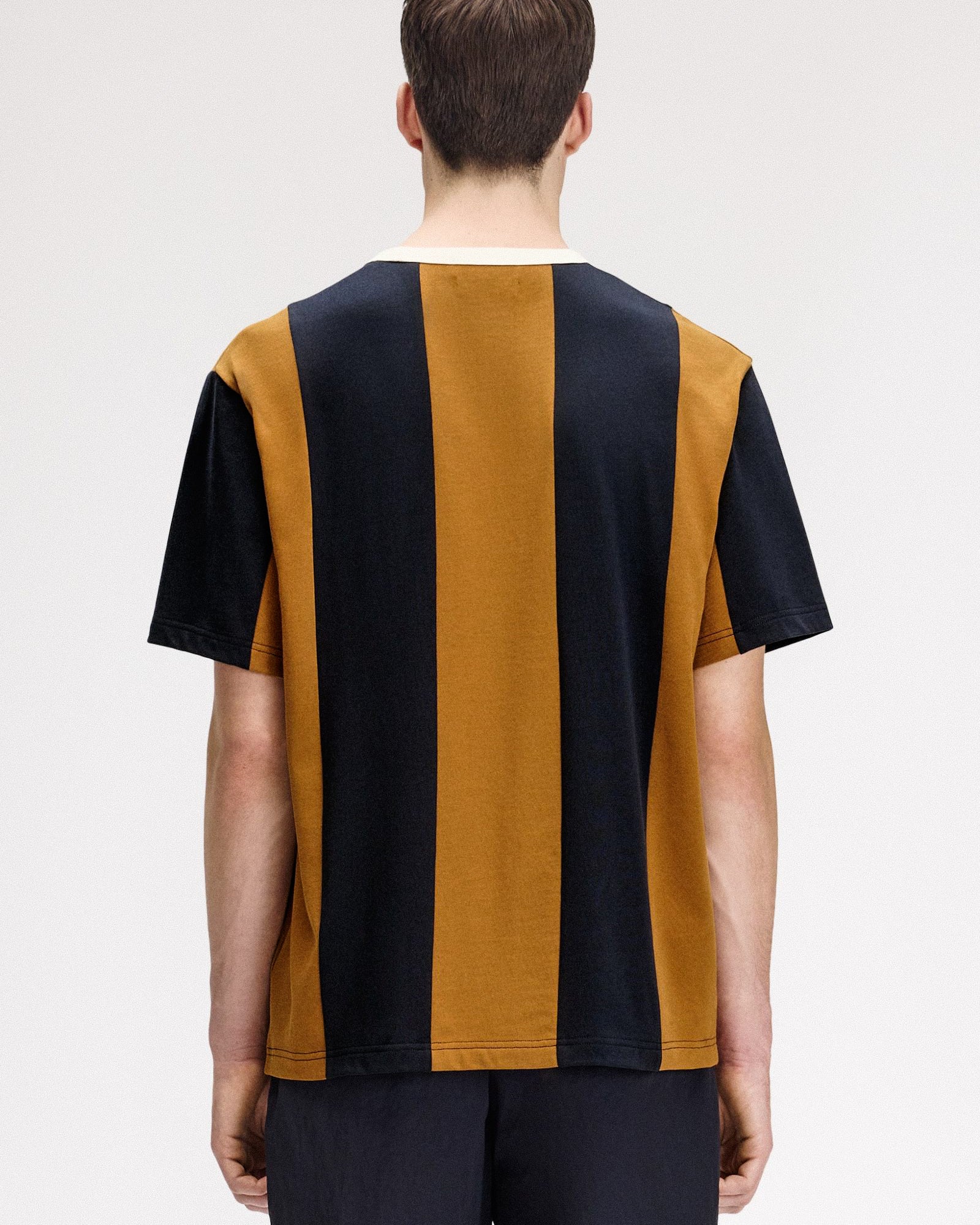 Fred Perry Meyba Cut And Sew T-Shirt Dark Caramel T-Shirts SM2162-644 On Model Back View | Overkill
