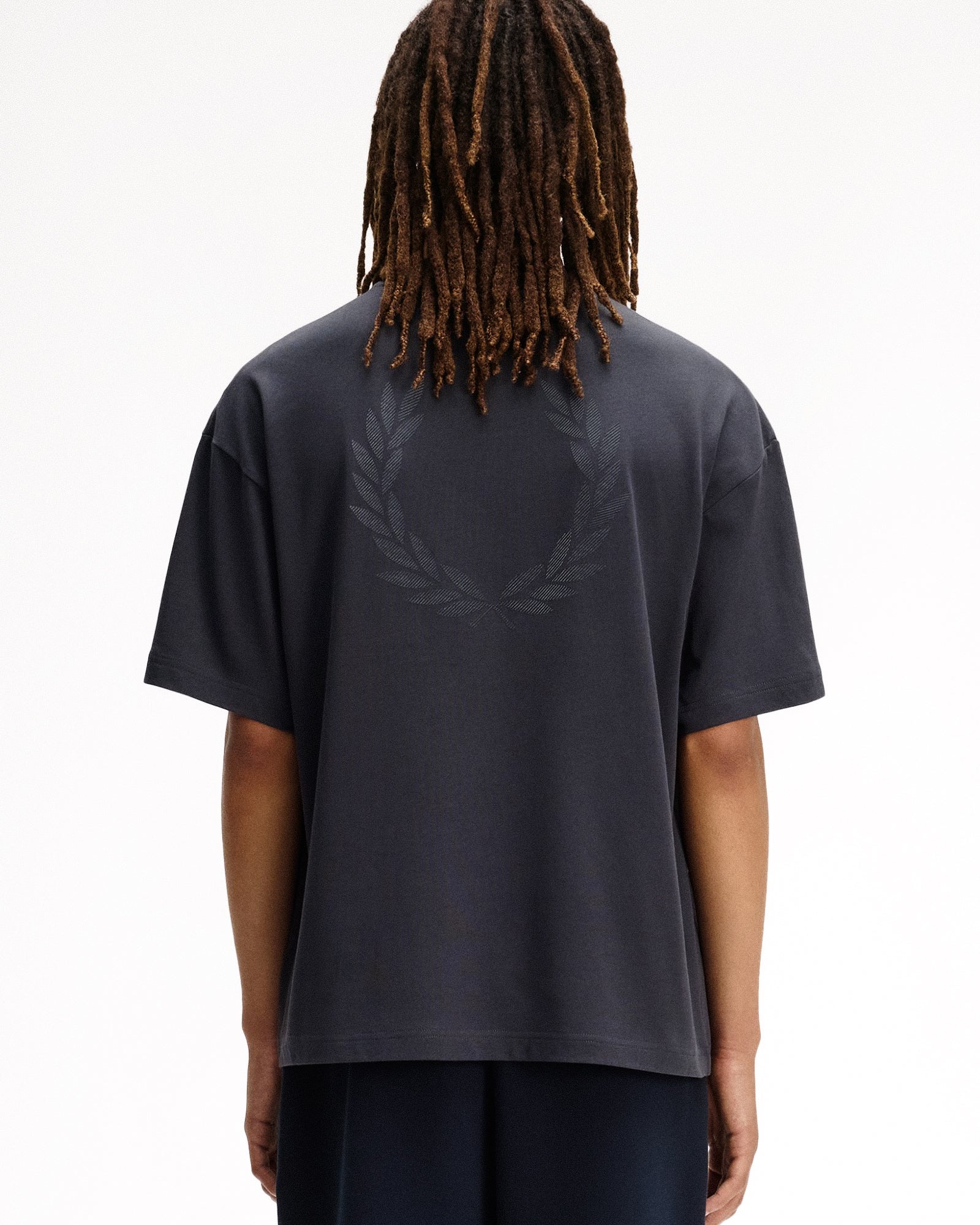 Fred Perry  Back Print LRL Wreath T-Shirt Anchor Grey T-Shirts M2474-297 On Model Back View | Overkill
