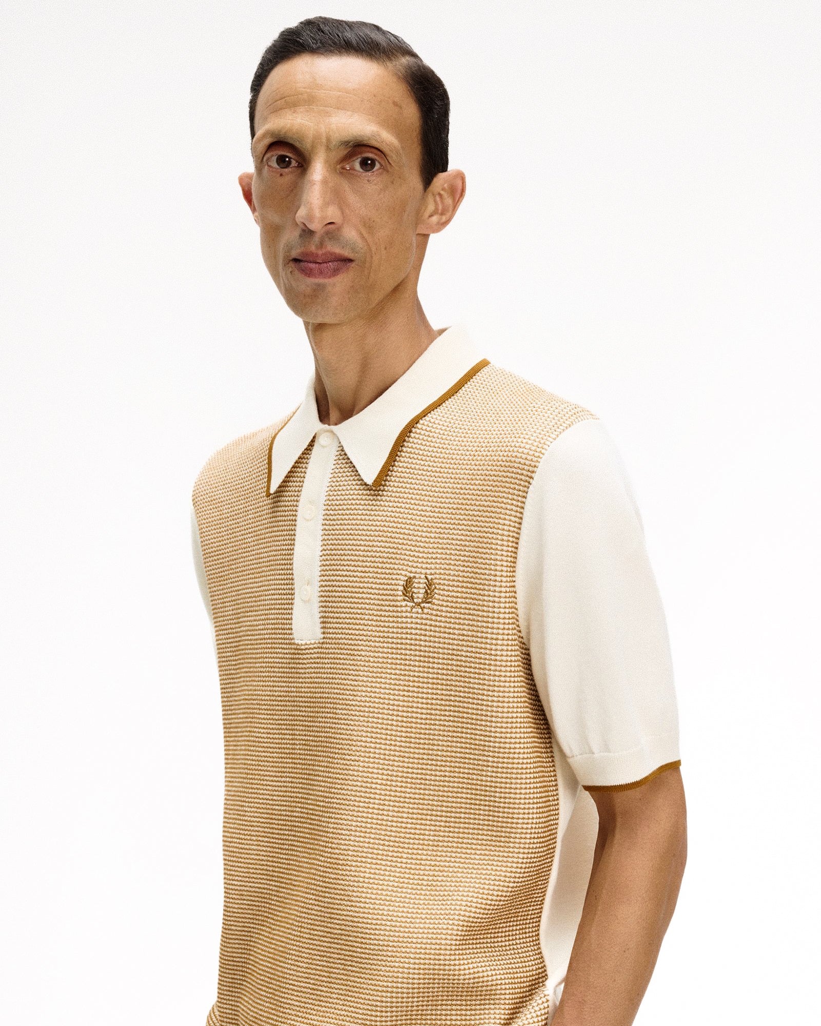 Fred Perry  Tonic Waffle Knitted Shirt Ecru Polo Shirts K2307-560 On Model Front View | Overkill

