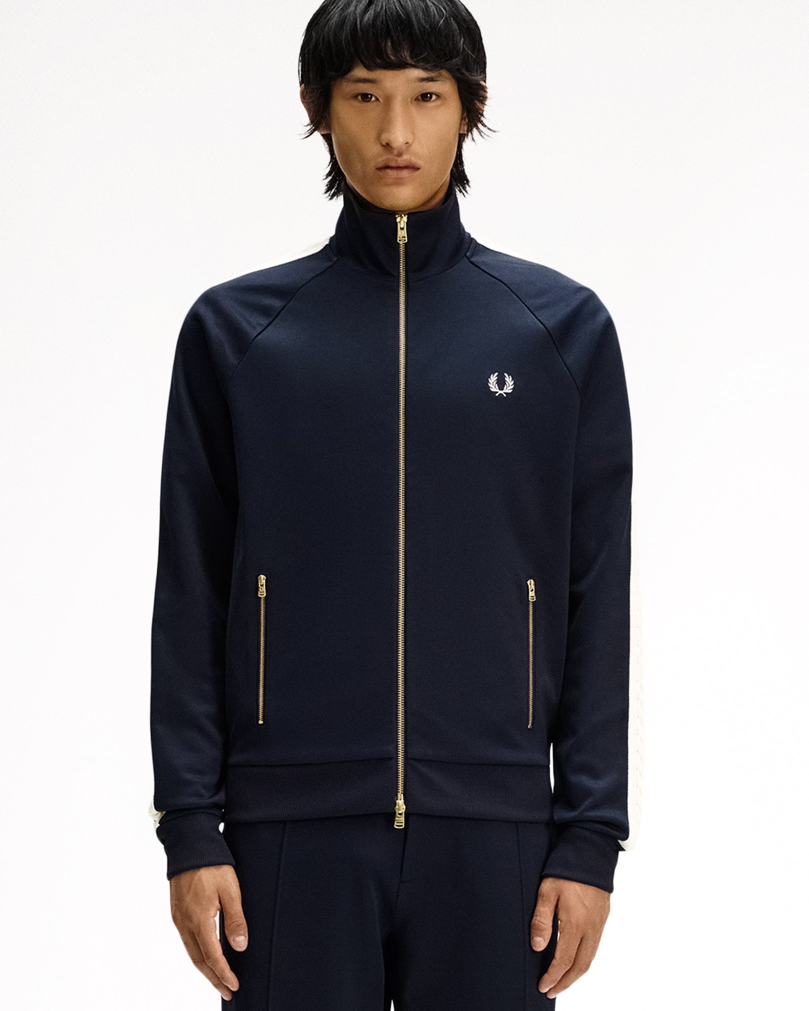Fred Perry  Cable Taped Track Jacket Navy Track Jackets J2331-608 On Model Front View | Overkill

