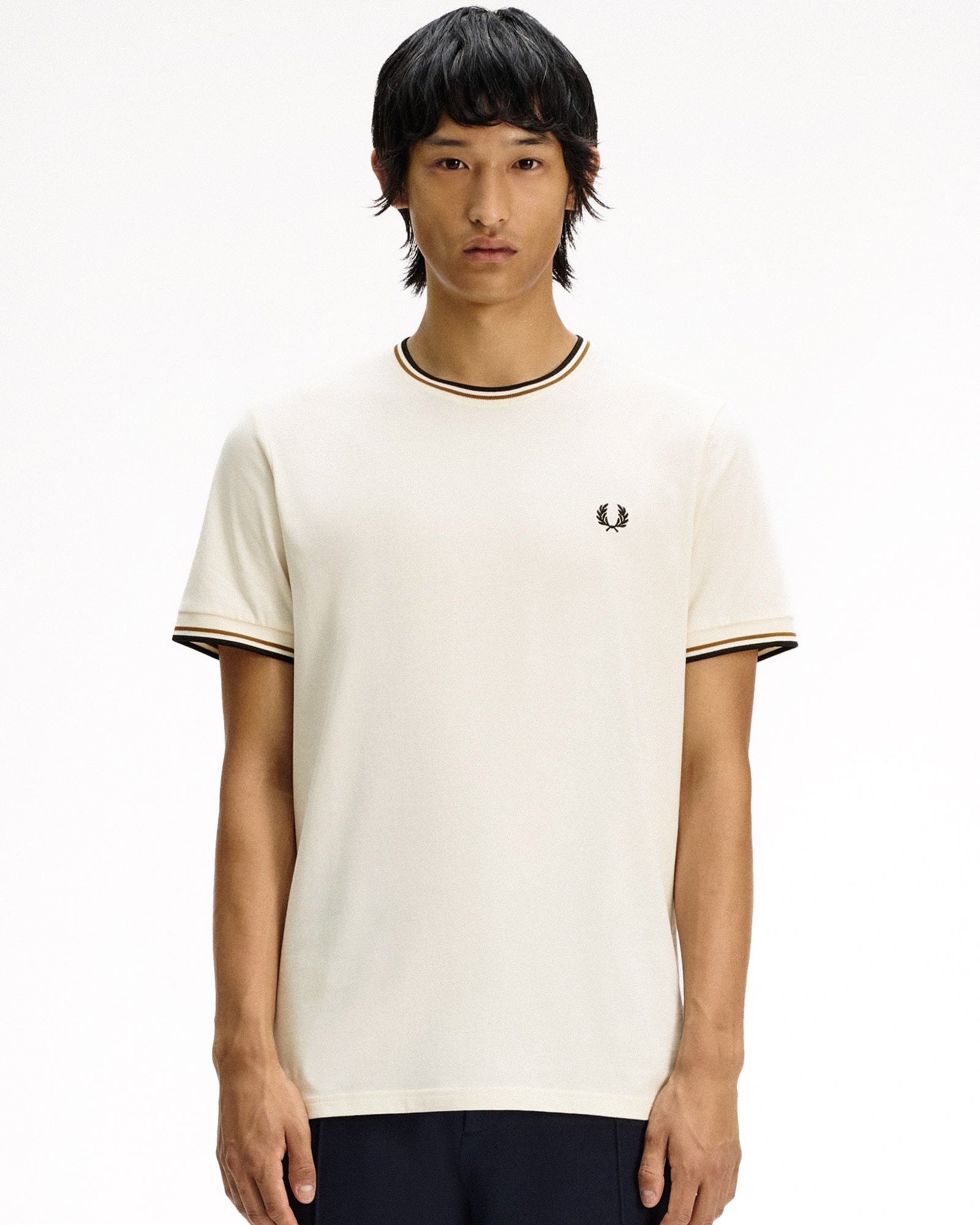 Fred Perry  Twin Tipped T-Shirt Ecru / Dark Caramel / Black T-Shirts M1588V-79B On Model Front View | Overkill
