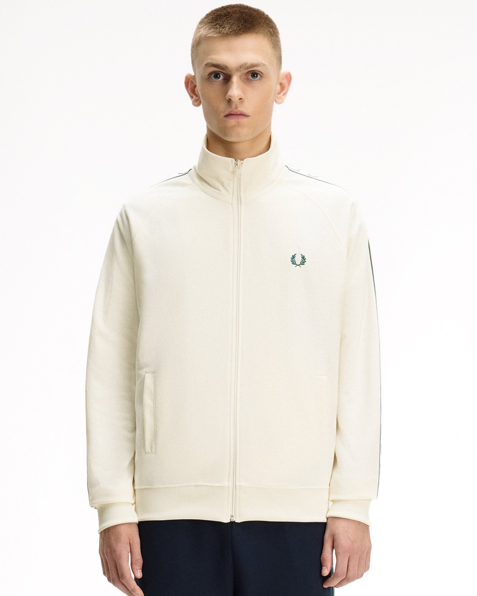 Fred Perry  Contrast Tape Track Jacket Ecru Track Jackets J5557-560 On Model Front View | Overkill
