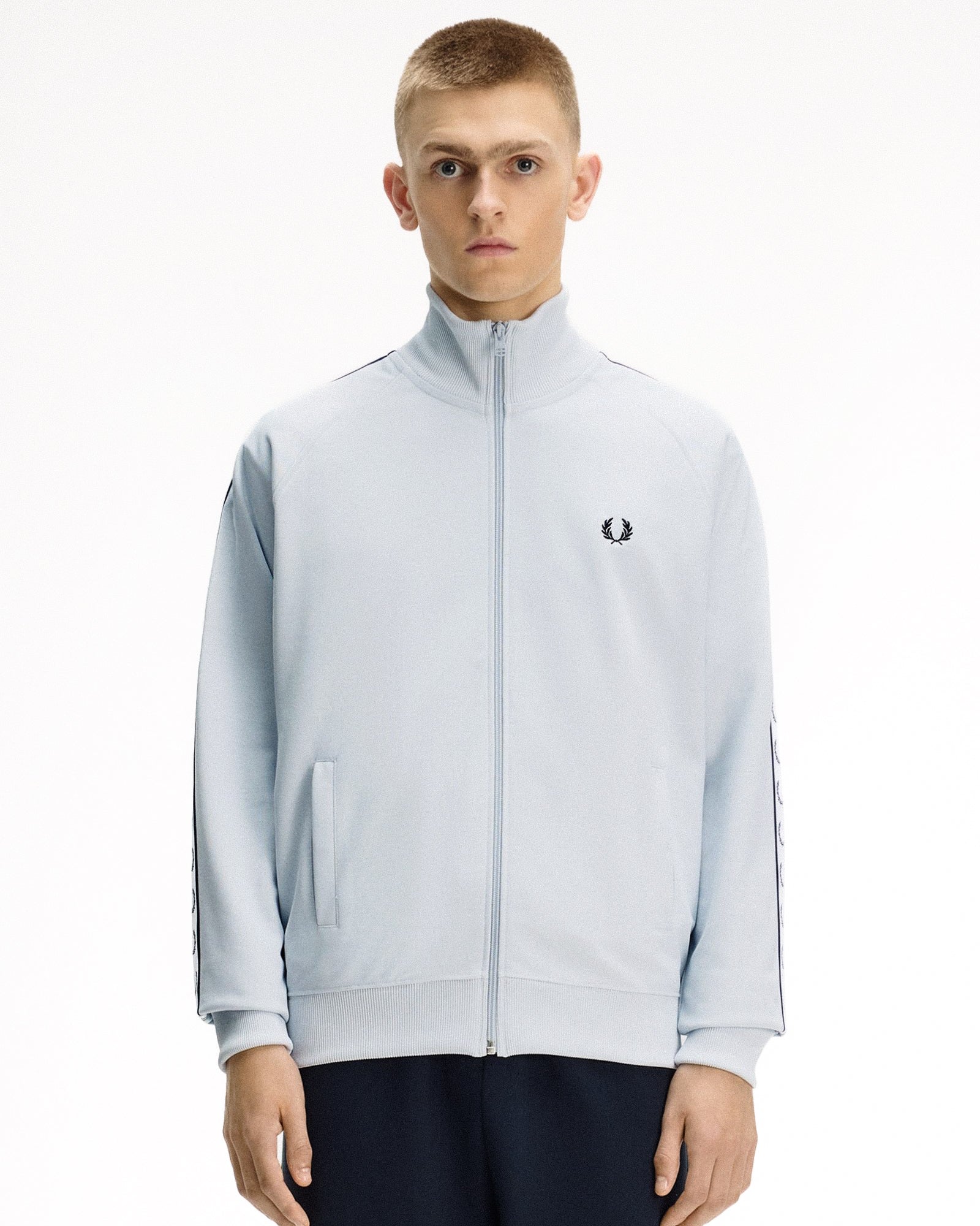Fred Perry  Taped Track Jacket Dusky Blue Track Jackets J4620-28A On Model Front View | Overkill

