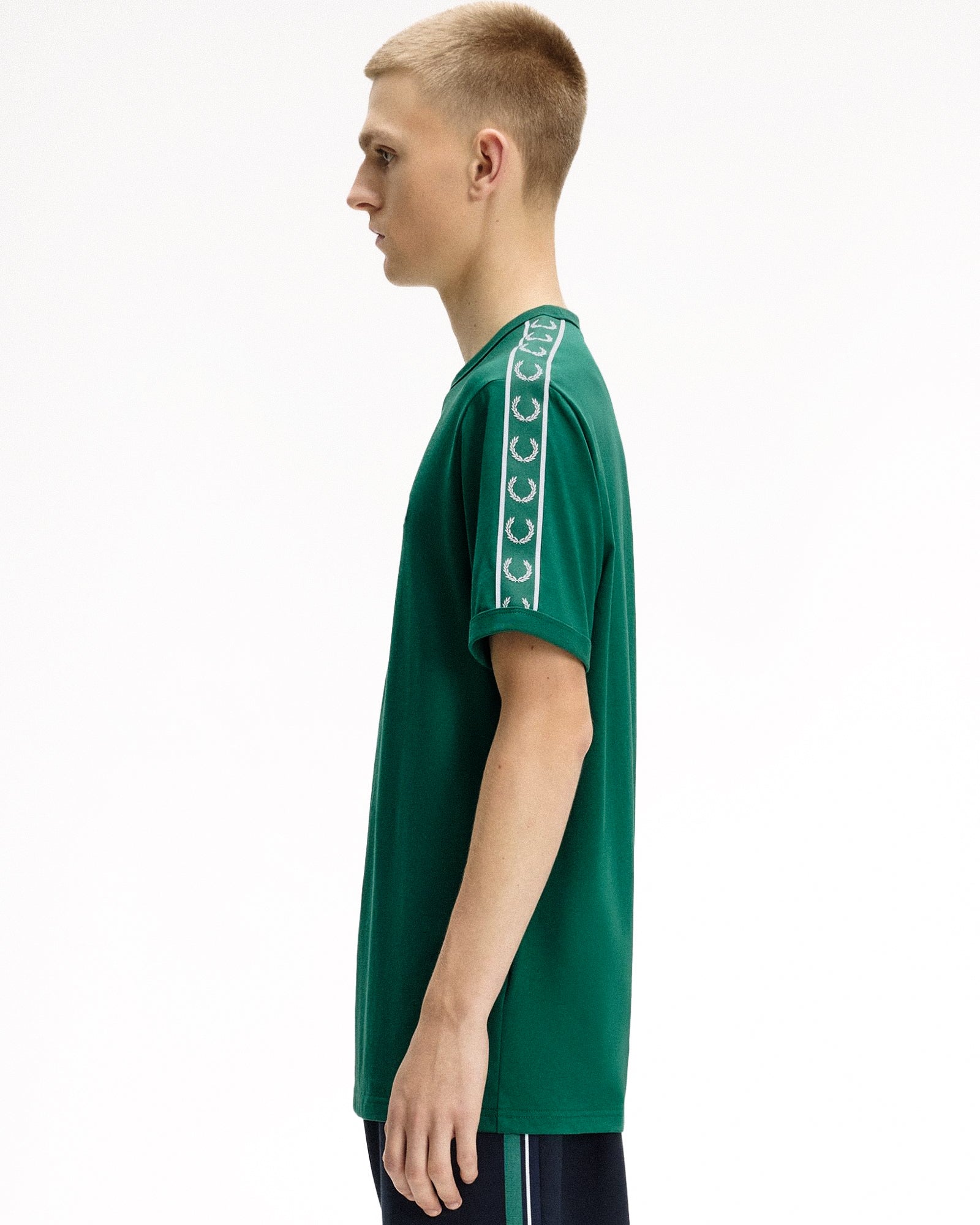 Fred Perry  Contrast Tape Ringer T-Shirt Sport Green T-Shirts M4613-Z18 On Model Back View | Overkill
