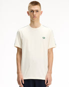 Fred Perry  Contrast Tape Ringer T-Shirt Ecru T-Shirts M4613-560 On Model Front View | Overkill
