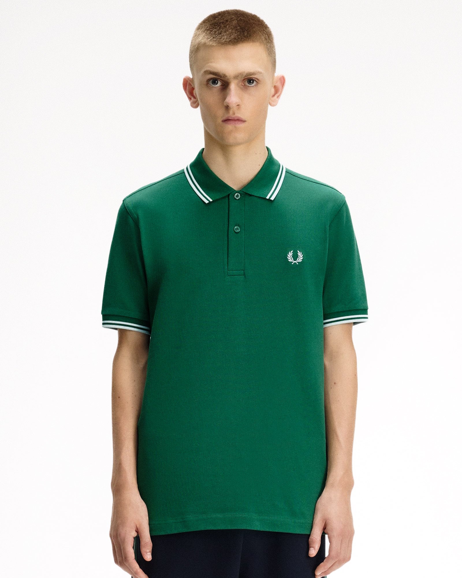 Fred Perry  Twin Tipped Fred Perry Shirt Sport Green / Light Ice / Light Ice Polo Shirts M3600-81B On Model Front View | Overkill
