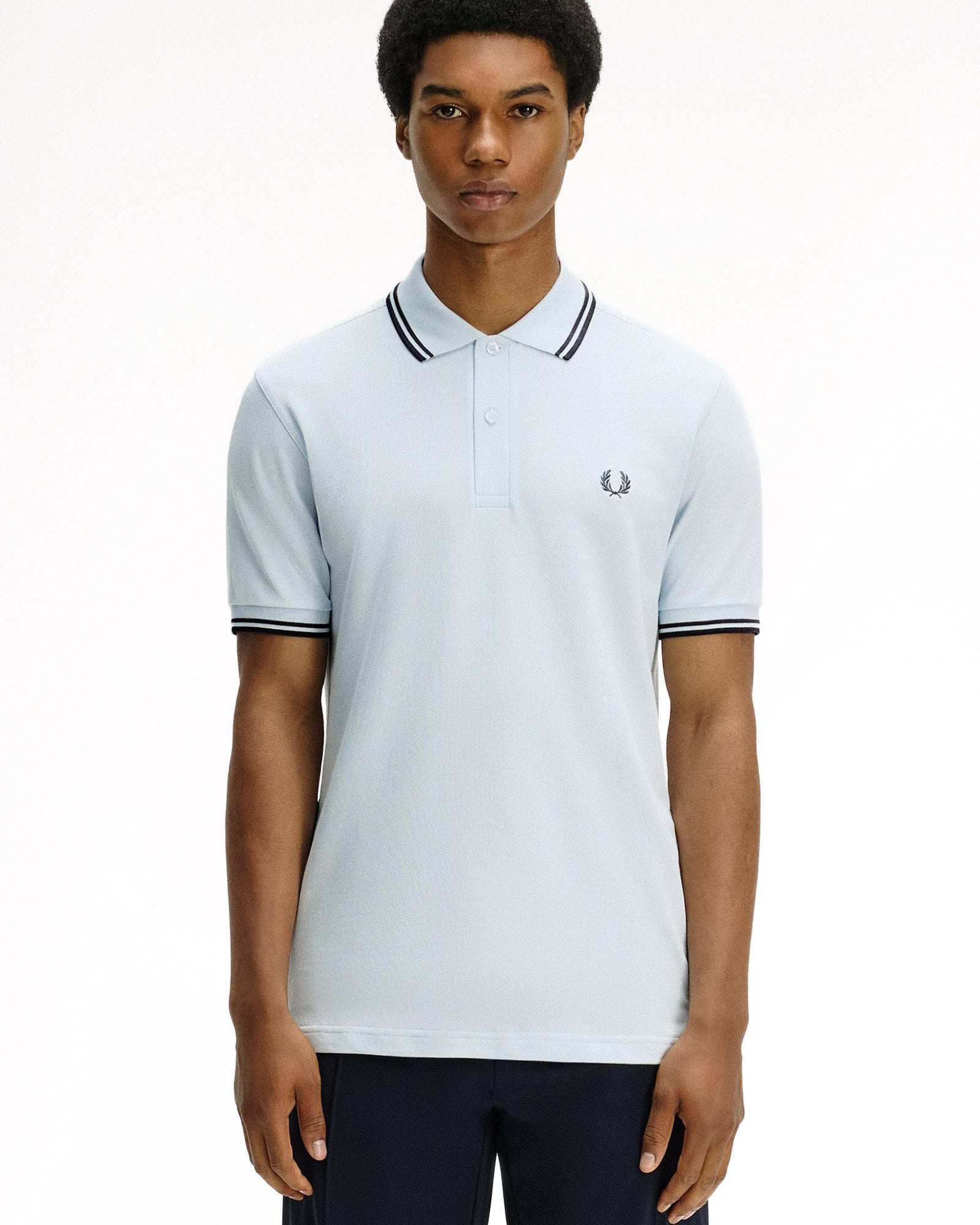 Fred Perry  Twin Tipped Fred Perry Shirt Light Ice / Anchor Grey / Anchor Grey Polo Shirts M3600-03C On Model Front View | Overkill

