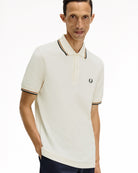 Fred Perry  Twin Tipped Fred Perry Shirt Ecru / Dark Caramel / Black Polo Shirts M3600-79B On Model Back View | Overkill
