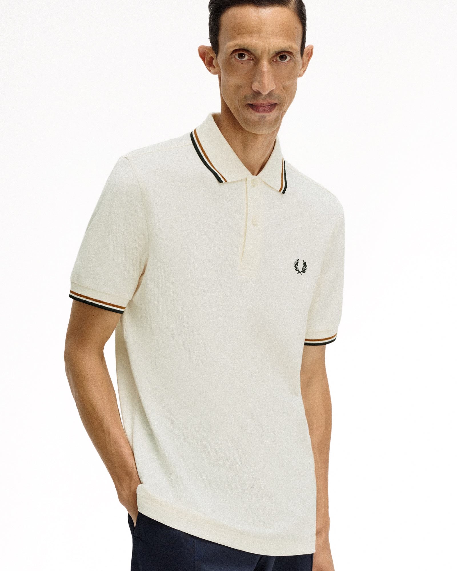 Fred Perry  Twin Tipped Fred Perry Shirt Ecru / Dark Caramel / Black Polo Shirts M3600-79B On Model Back View | Overkill
