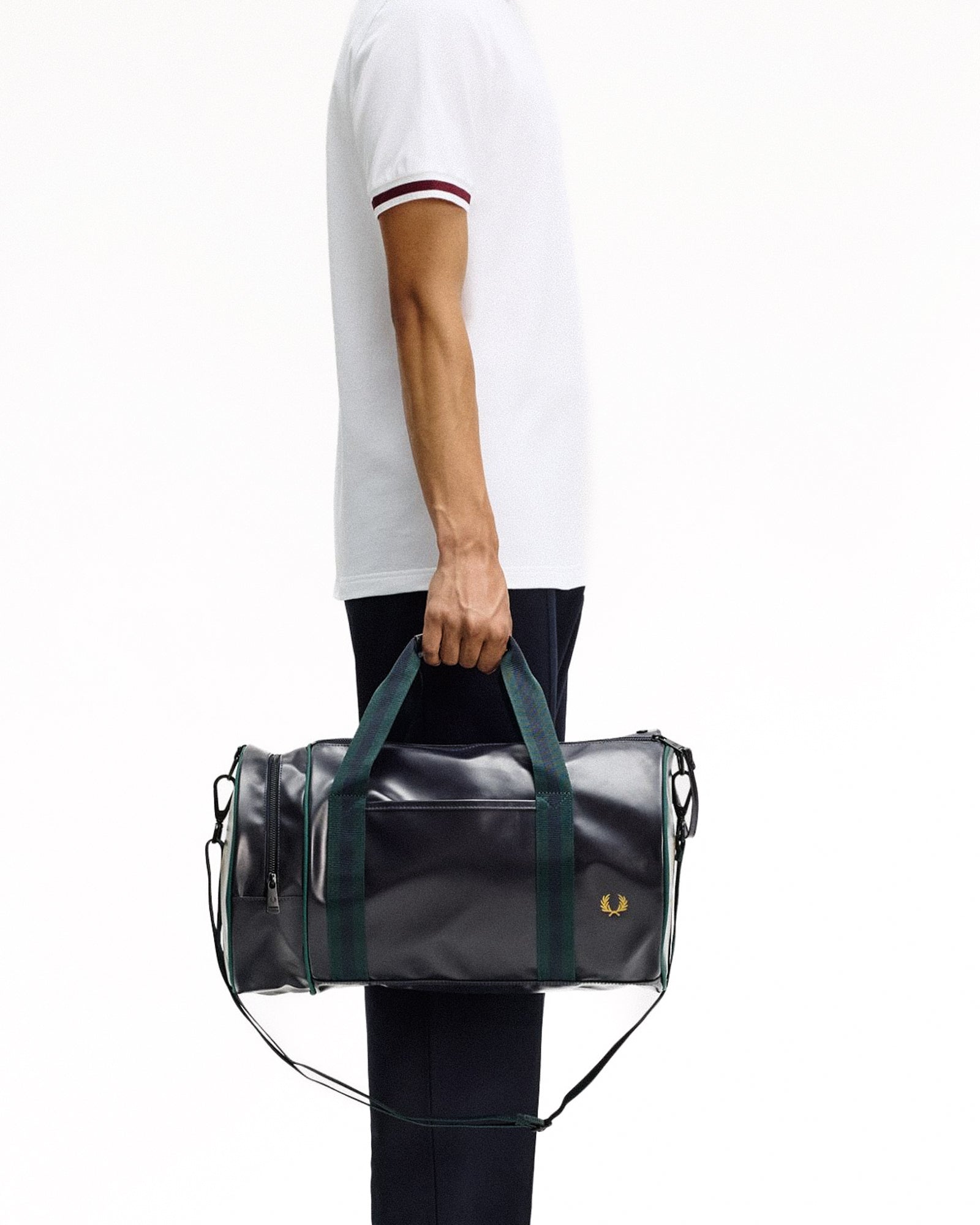 Fred Perry  Classic Barrel Bag Navy / Grassroots Duffle Bags L7255-83A On Model View 1 | Overkill
