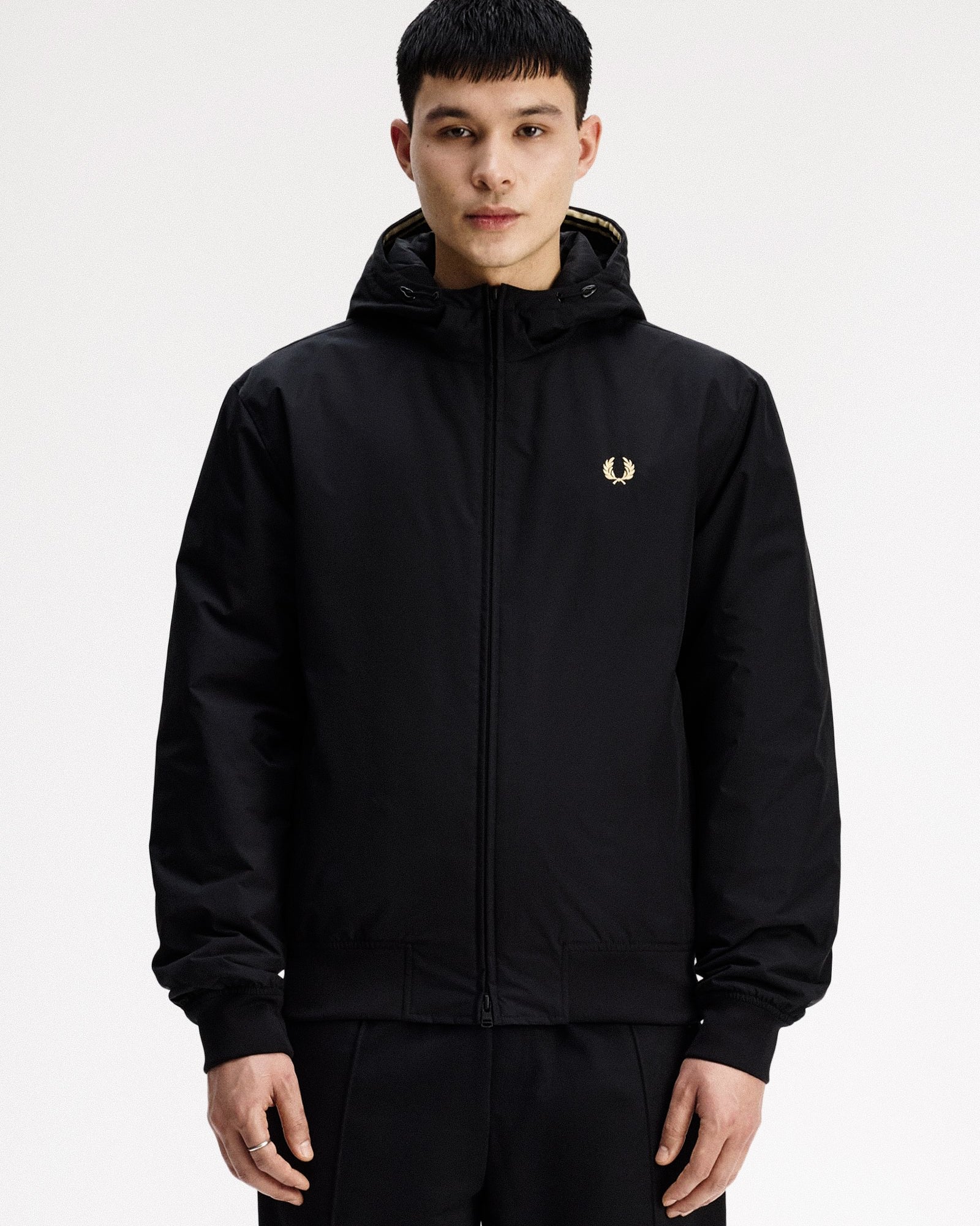 Fred Perry Hooded Brentham Jacket Black Puffer Jackets J1304-102 On Model Front View | Overkill
