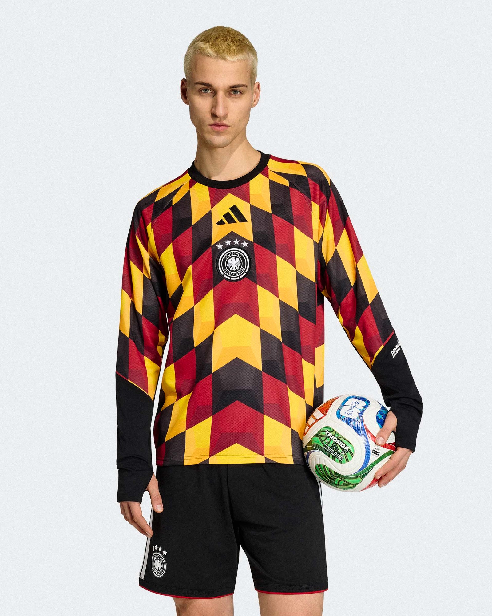 adidas DFB Germany Home Pre Match Warm Top 26 Black / Team Yellow Longsleeves KC2925 On Model Front View | Overkill
