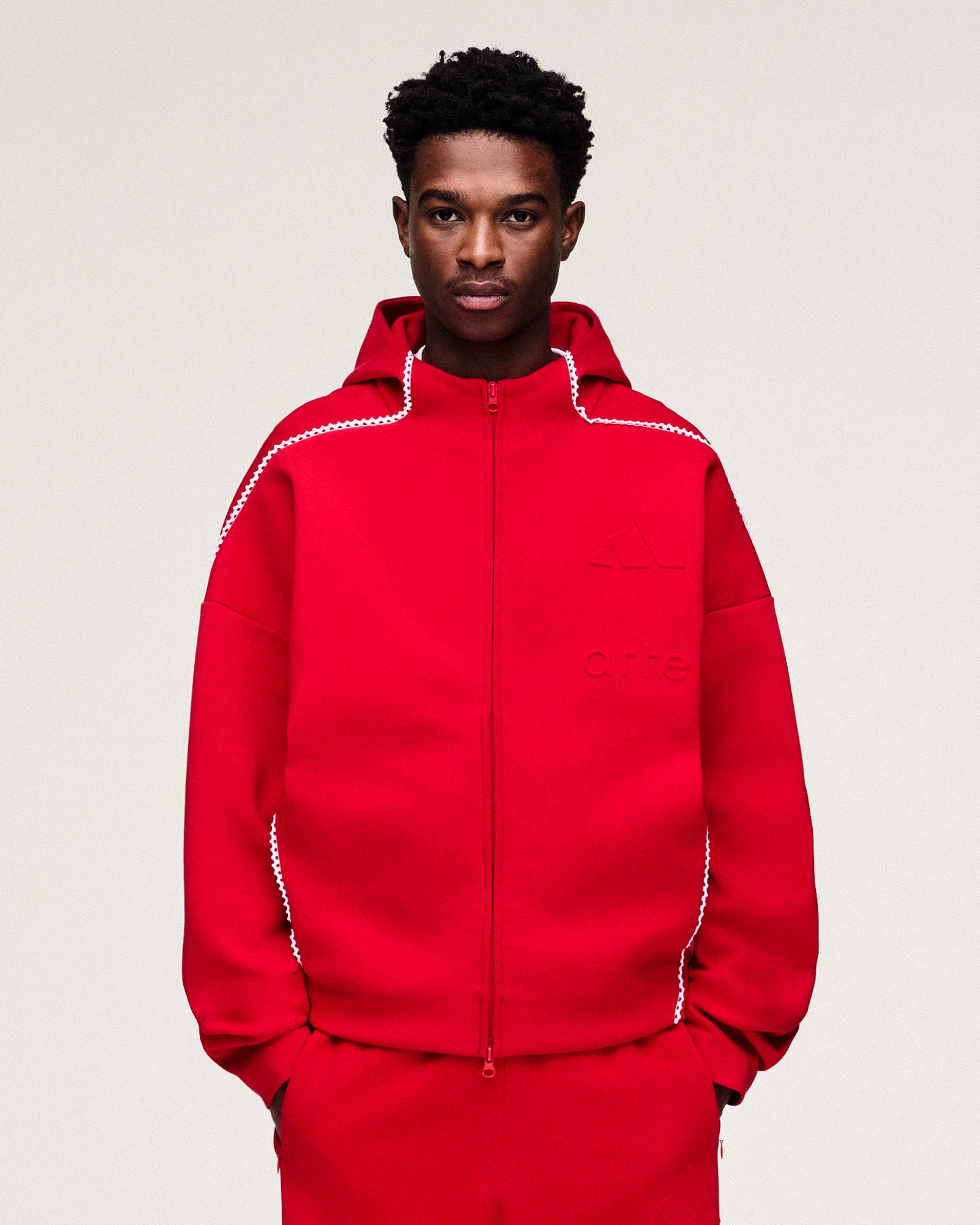 adidas Z.N.E. FZ-Hoodie Better Scarlet / White Hoodies KC9592 On Model Front View | Overkill
