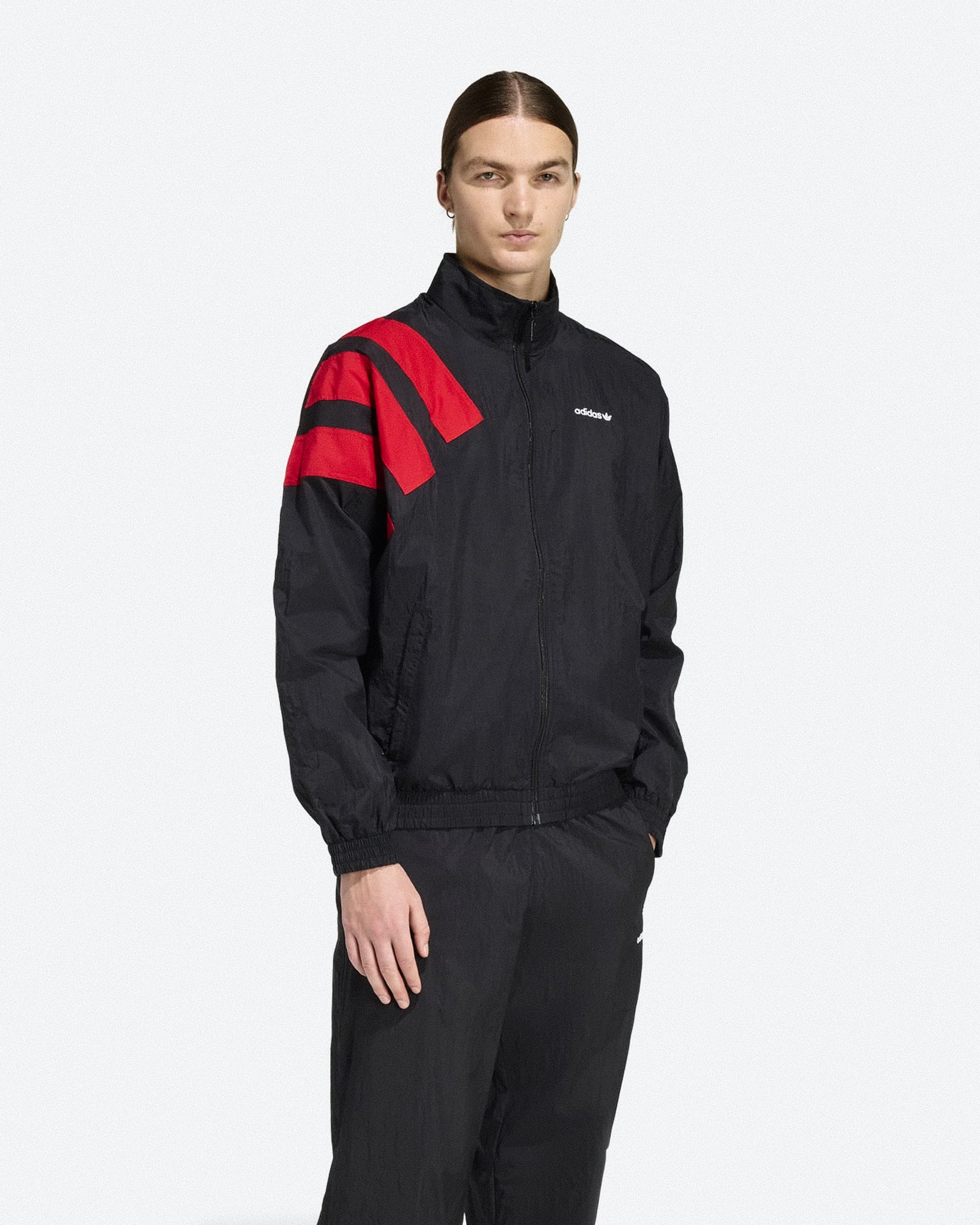 adidas Arch Track Top Black / Better Scarlet Track Jackets KD4069 On Model Front View | Overkill
