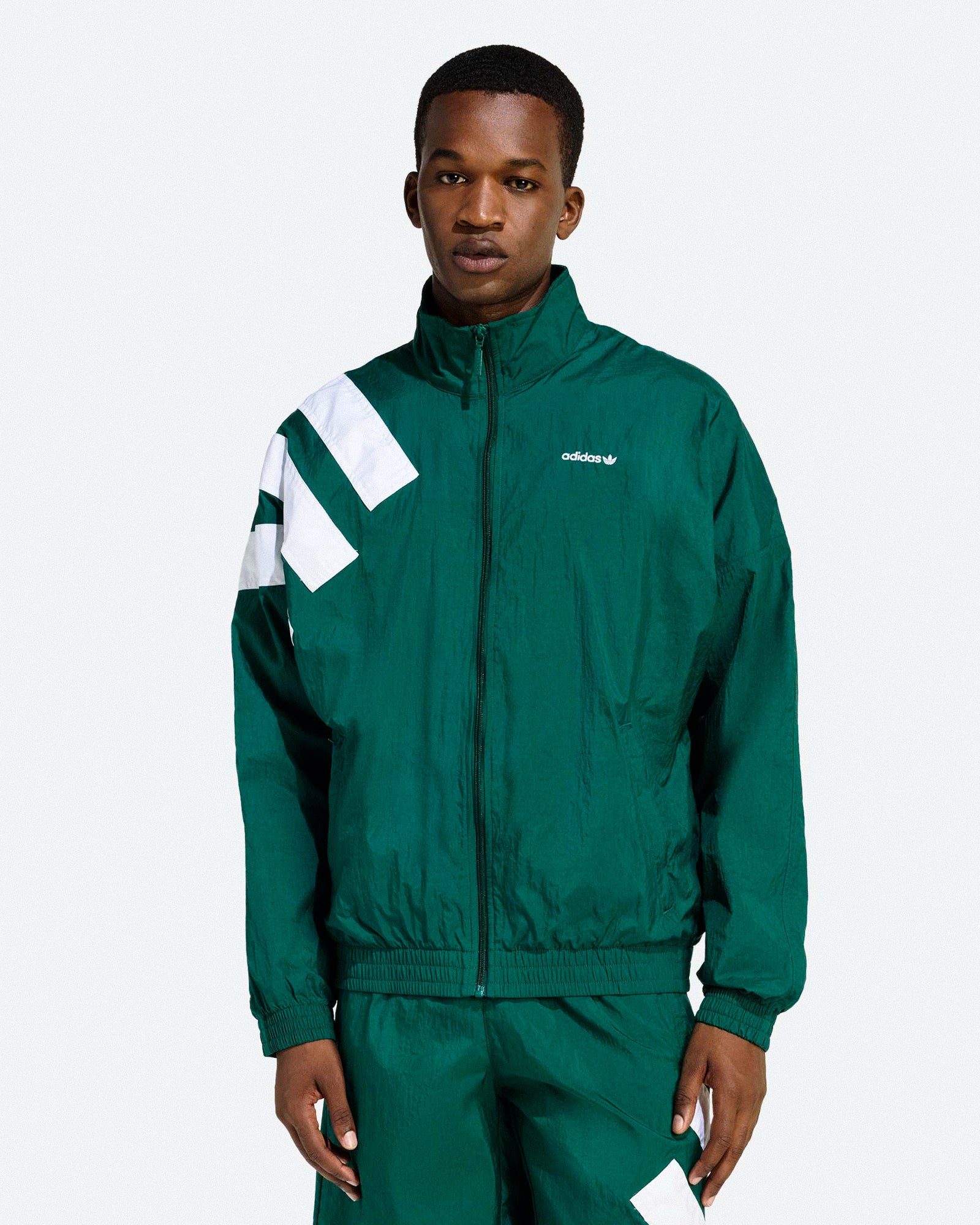 adidas Arch Track Top Collegiate Green / White Track Jackets KD4070 On Model Front View | Overkill
