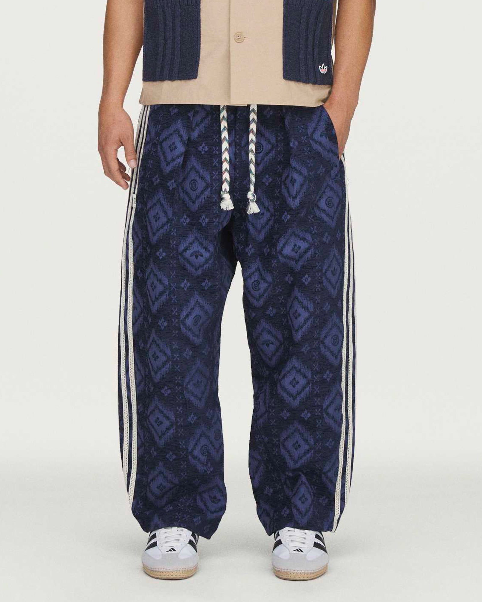 Clot by Edison Chen x adidas Ikat Pant Tech Indigo Casual Pants KE7067 On Model Front View | Overkill
