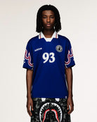 BAPE x adidas SSL Flame Jersey Japan Blue T-Shirts KF4914 On Model Front View | Overkill
