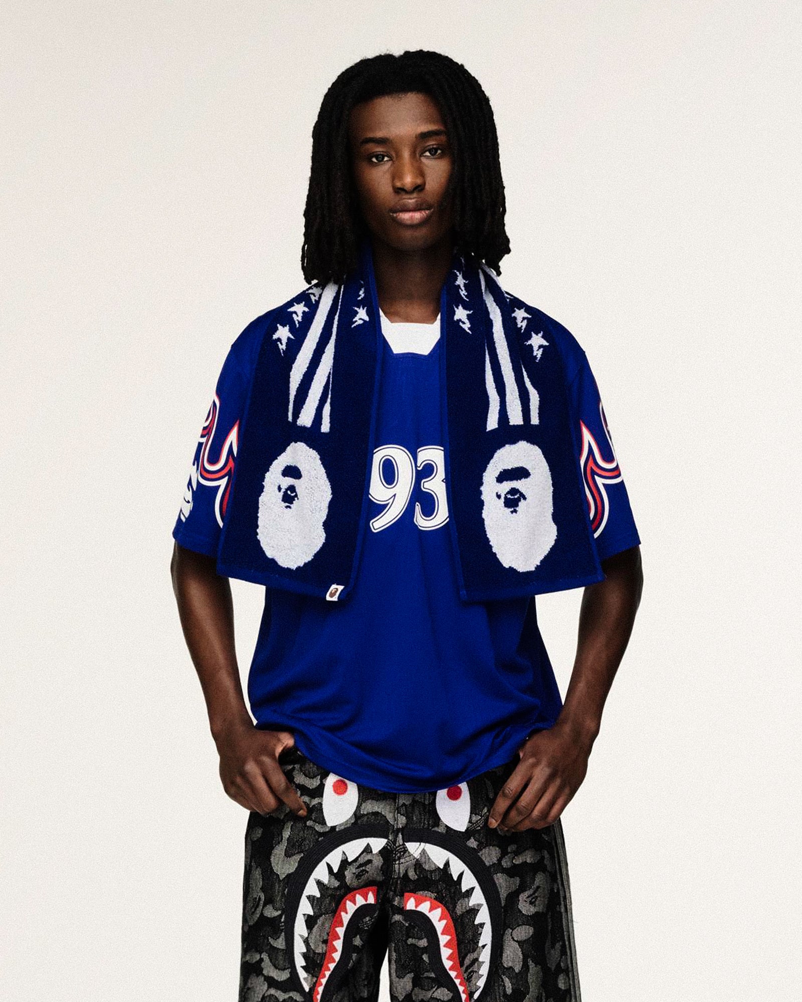 BAPE x adidas FB Towel Japan Blue Towels KF4920 On Model Front View | Overkill
