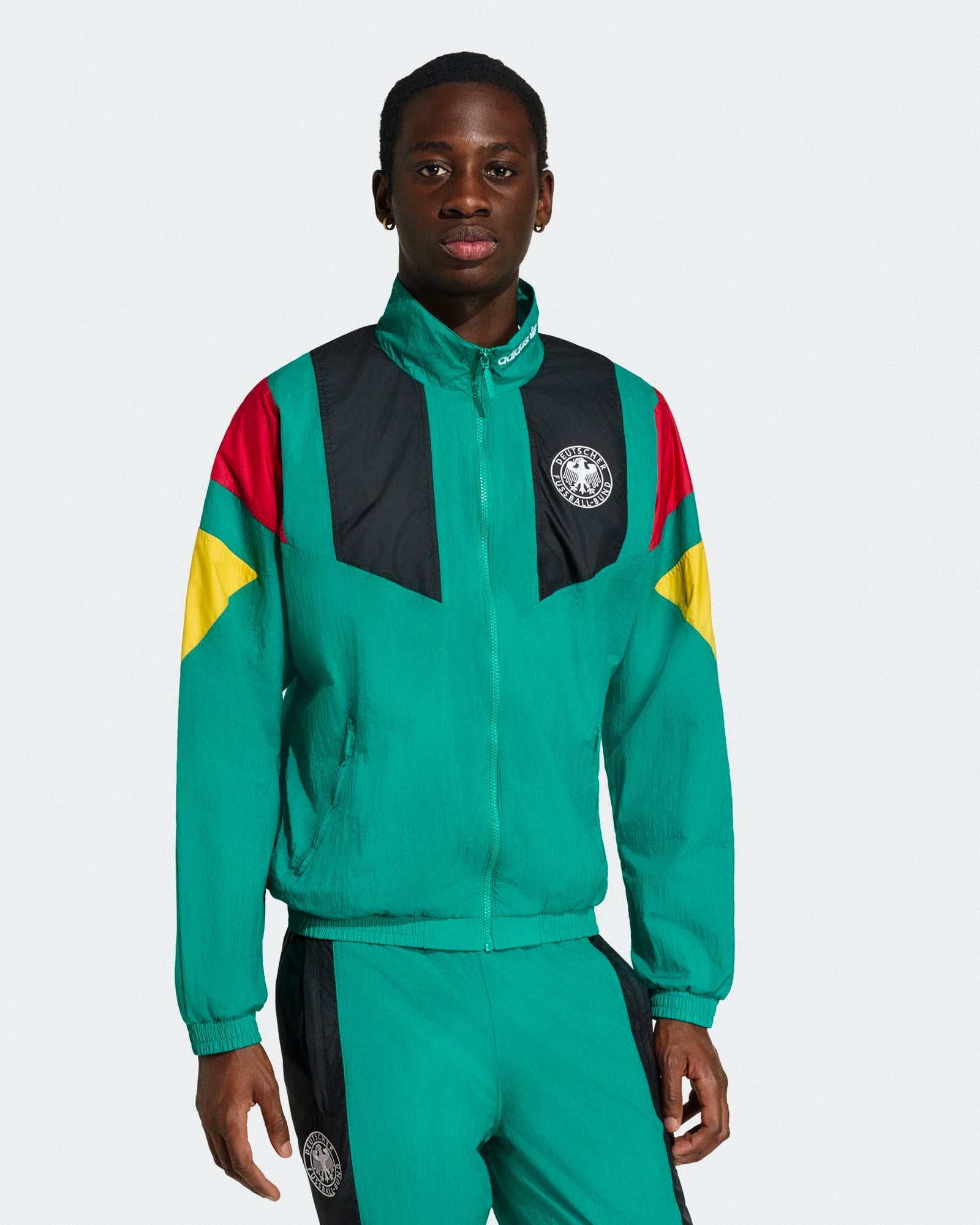 adidas DFB Germany Equipment Track Top Equipment Green Track Jackets KG2281 On Model Front View | Overkill
