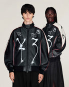 Y-3 Chito Graphic Leather Biker Jacket Black Jacket KR3573 On Model Front View | Overkill
