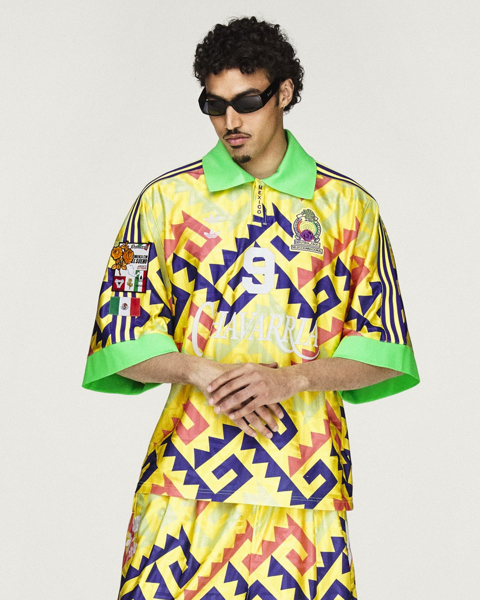 Willy Chavarria x adidas AOP Jersey Solar Lemon / Pure Purple / Solar Turbo T-Shirts KU7799 On Model Front View | Overkill
