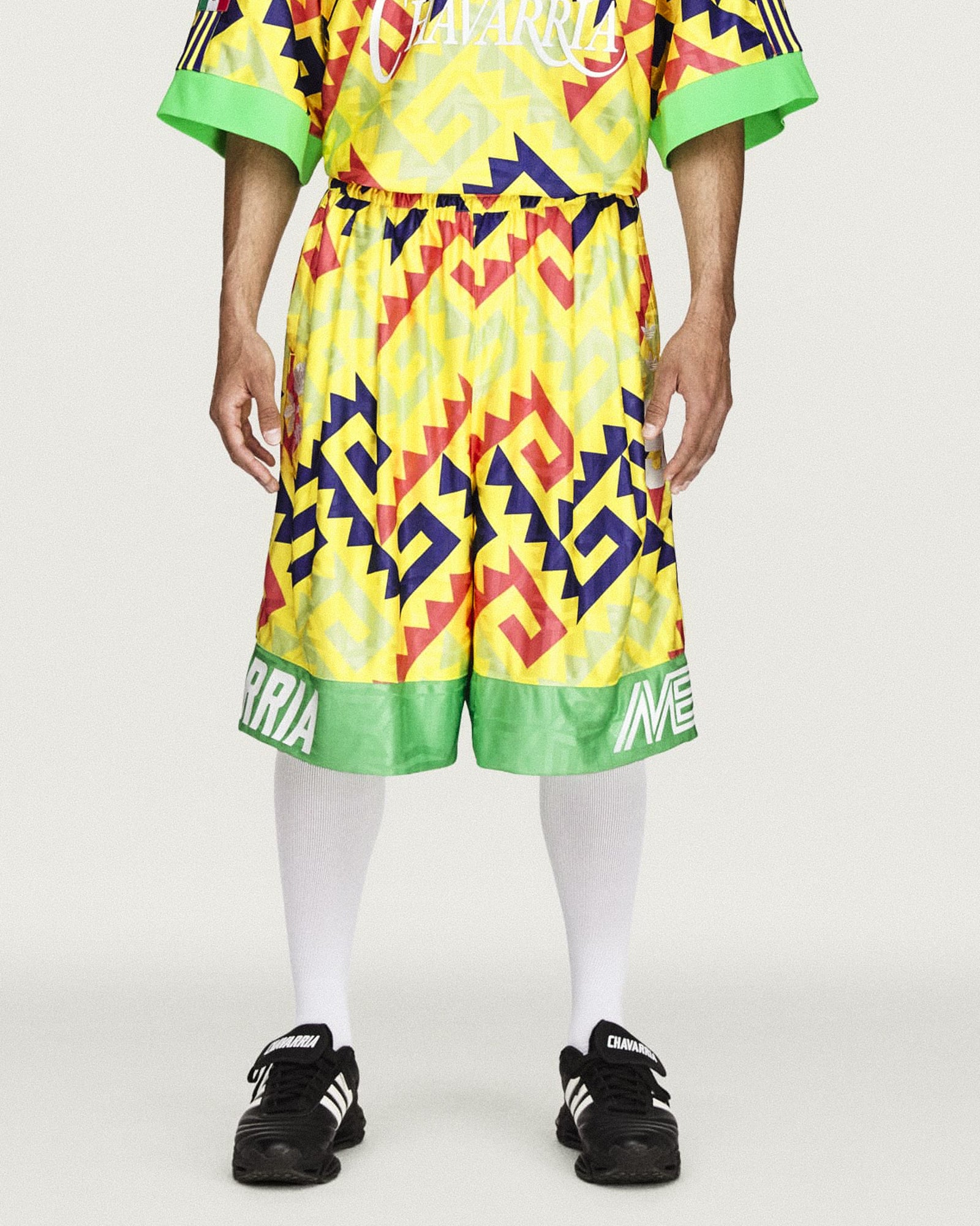 Willy Chavarria x adidas AOP Longshort Solar Lemon / Pure Purple / Solar Turbo Shorts KU7804 On Model Front View | Overkill
